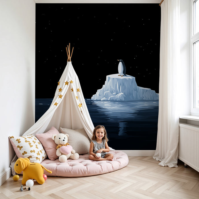 Papel de parede criança | Pingüim em um iceberg sob um céu estrelado
