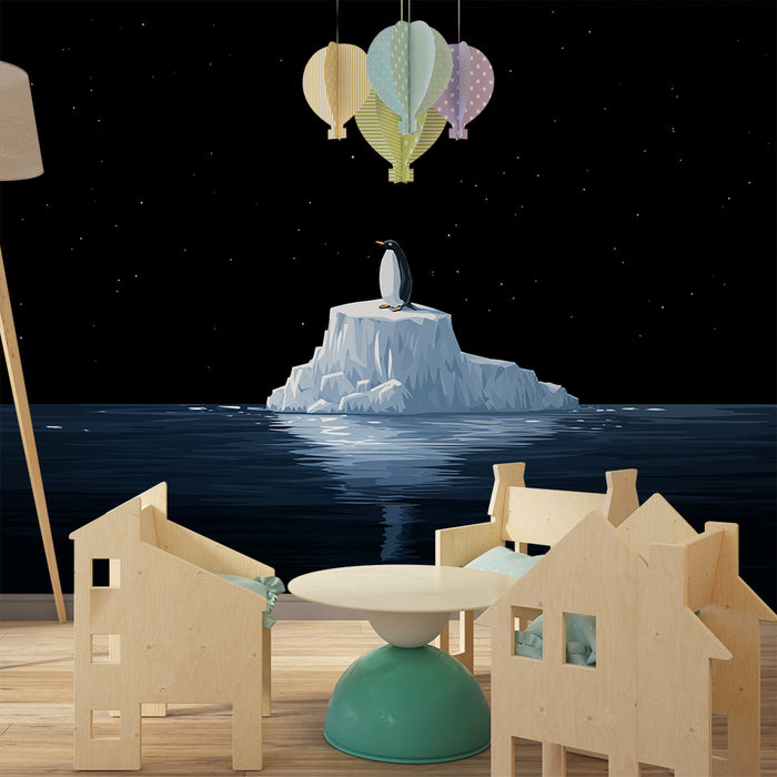 Papel de parede criança | Pingüim em um iceberg sob um céu estrelado