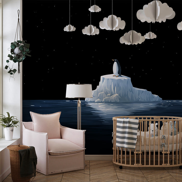 Papel de parede criança | Pingüim em um iceberg sob um céu estrelado