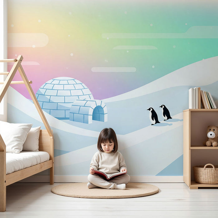 Papel pintado infantil | Pingüinos en un paisaje invernal de cuento