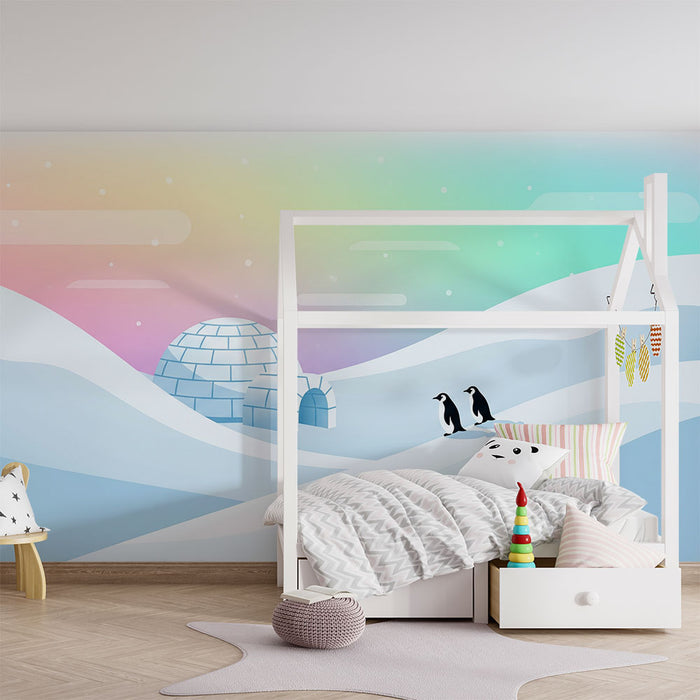 Papel pintado infantil | Pingüinos en un paisaje invernal de cuento