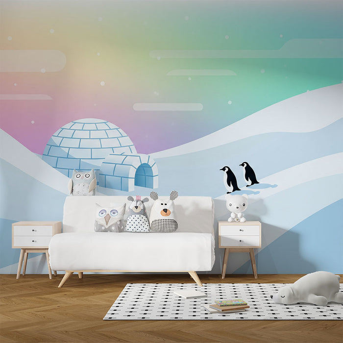 Papel pintado infantil | Pingüinos en un paisaje invernal de cuento