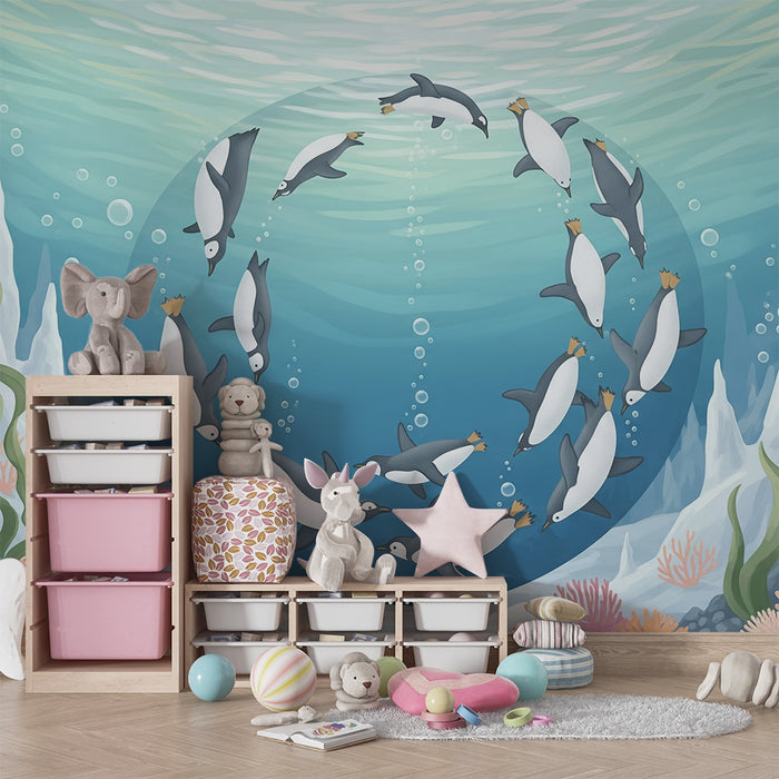 Barntapet | Pingviner simmar i en färgglad undervattensvärld