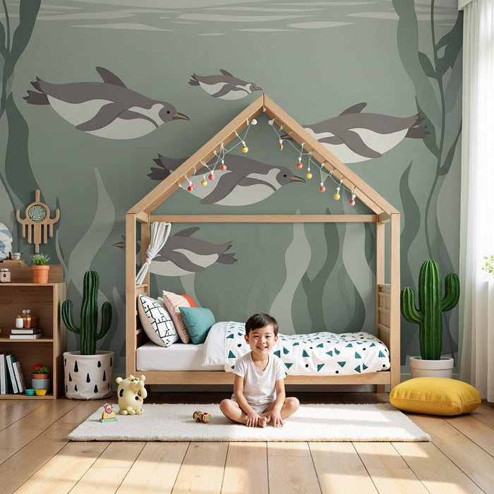 Carta da parati bambini | Pinguini che nuotano tra le alghe marine