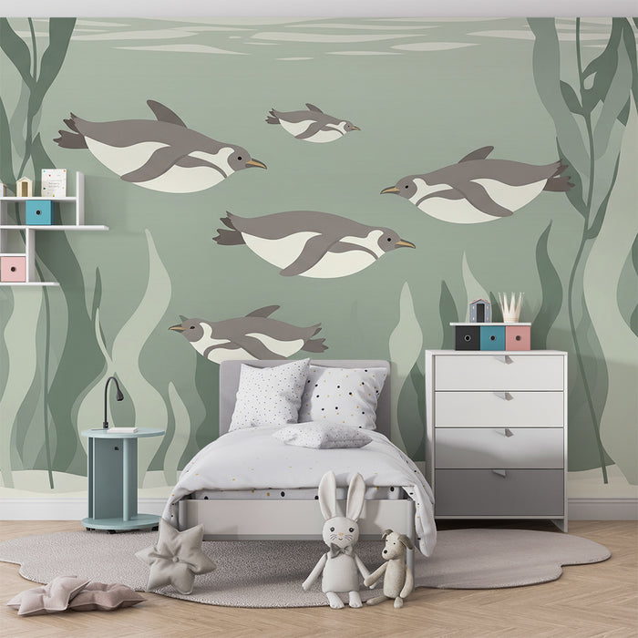 Carta da parati bambini | Pinguini che nuotano tra le alghe marine