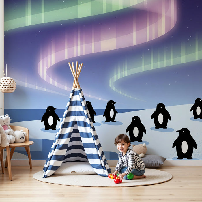 Papier peint chambre enfant | Pingouins sous les aurores boréales