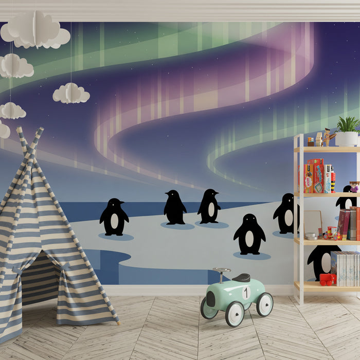 Papier peint chambre enfant | Pingouins sous les aurores boréales
