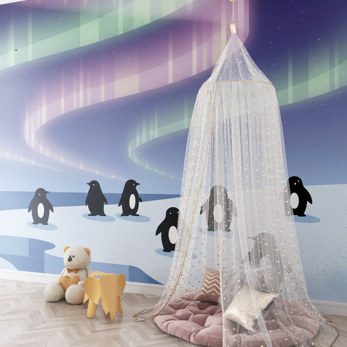 Papier peint chambre enfant | Pingouins sous les aurores boréales