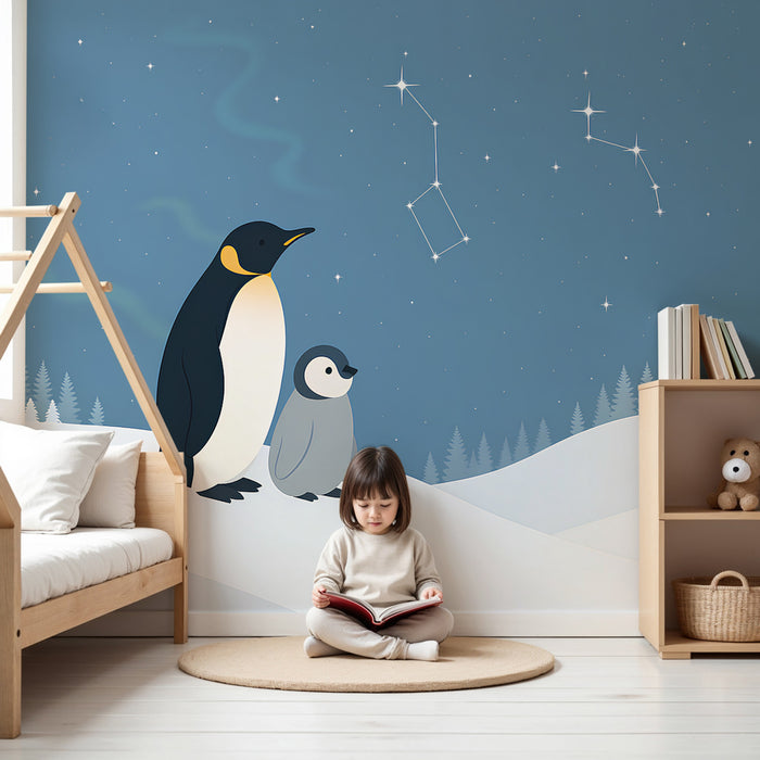 Papel pintado infantil | Pingüinos bajo las estrellas