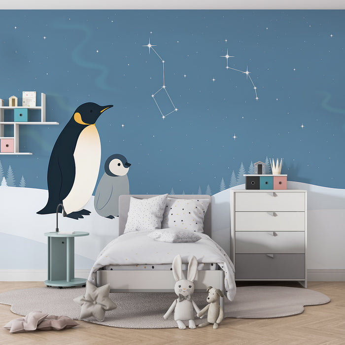 Papel pintado infantil | Pingüinos bajo las estrellas