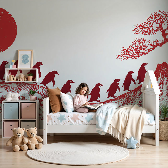 Papel pintado infantil | Pingüinos caminando hacia la montaña