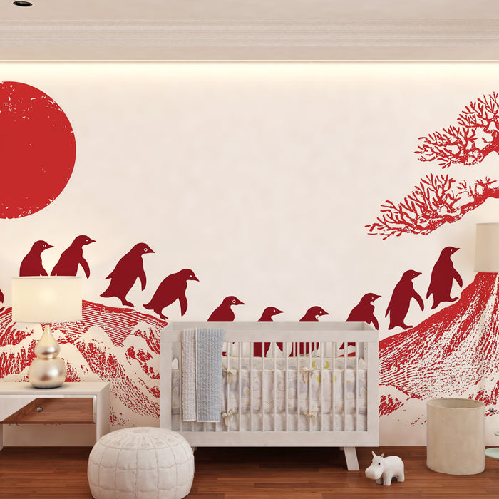 Papel pintado infantil | Pingüinos caminando hacia la montaña