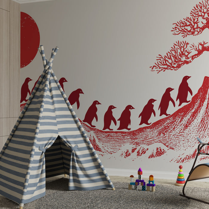 Papel pintado infantil | Pingüinos caminando hacia la montaña