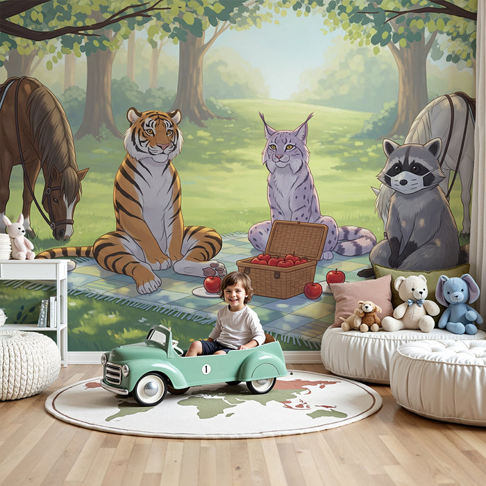 Behang kinderkamer | Vrolijke picknick met dieren in het bos