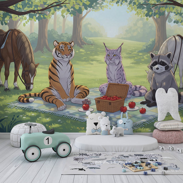 Behang kinderkamer | Vrolijke picknick met dieren in het bos