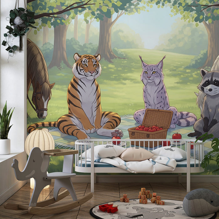 Behang kinderkamer | Vrolijke picknick met dieren in het bos