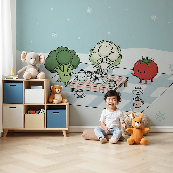 Kinderzimmer-Tapete | Lustiges Picknick mit lächelndem Gemüse