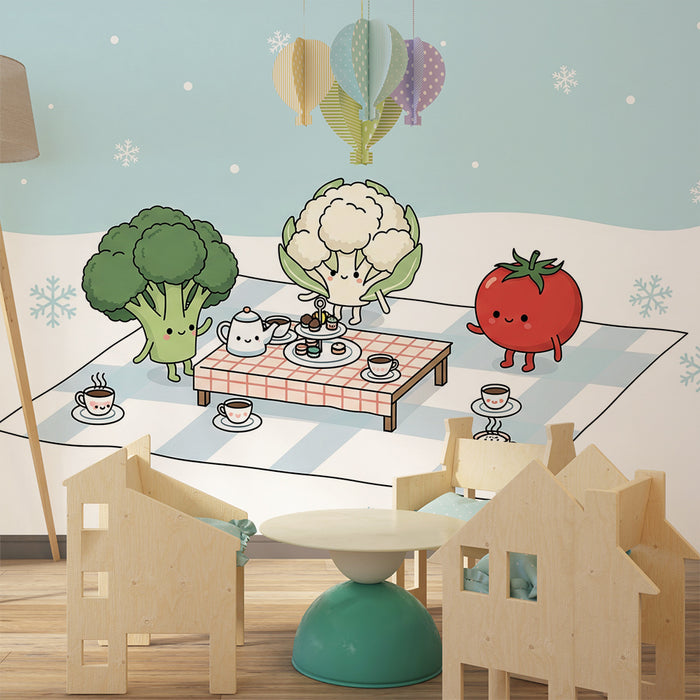 Kinderzimmer-Tapete | Lustiges Picknick mit lächelndem Gemüse