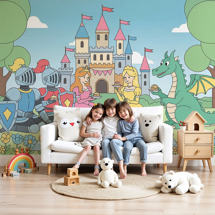 Kinderzimmer-Tapete | Märchenhaftes Picknick mit Rittern, Prinzessin und Drache