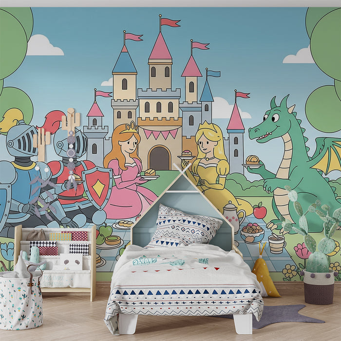 Kinderzimmer-Tapete | Märchenhaftes Picknick mit Rittern, Prinzessin und Drache