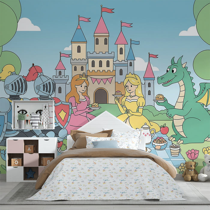 Kinderzimmer-Tapete | Märchenhaftes Picknick mit Rittern, Prinzessin und Drache