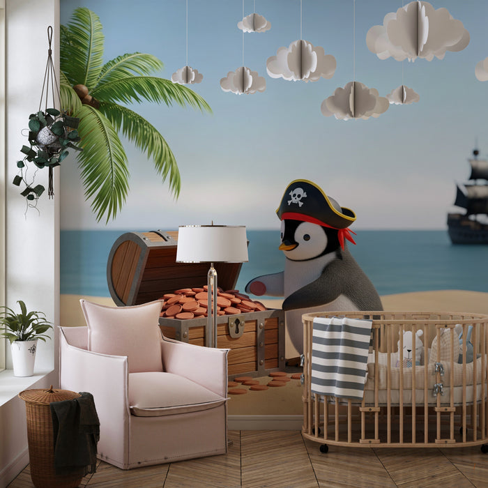 Papel de parede criança | Pirata pinguim em uma praia ensolarada