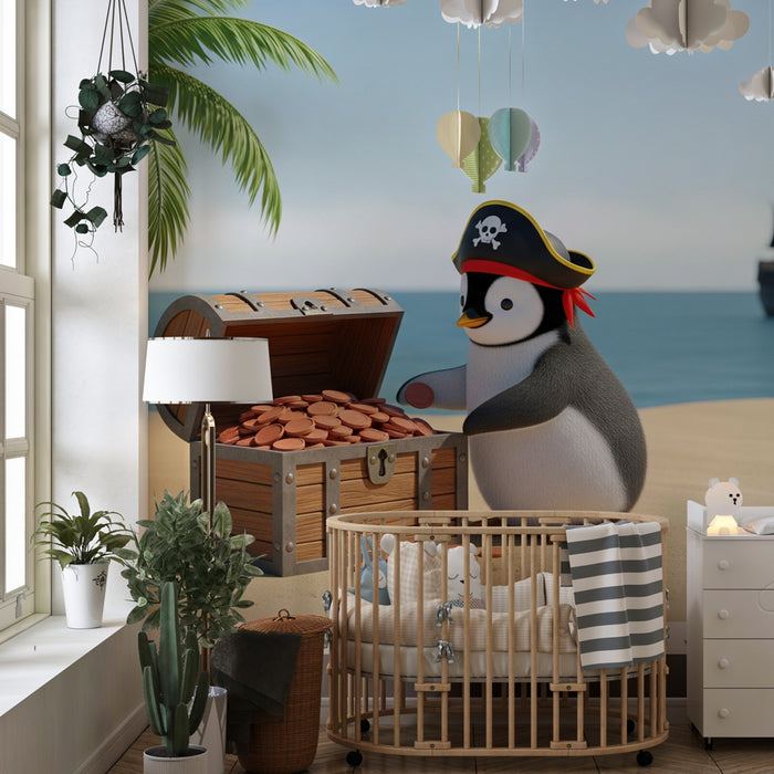Papel de parede criança | Pirata pinguim em uma praia ensolarada
