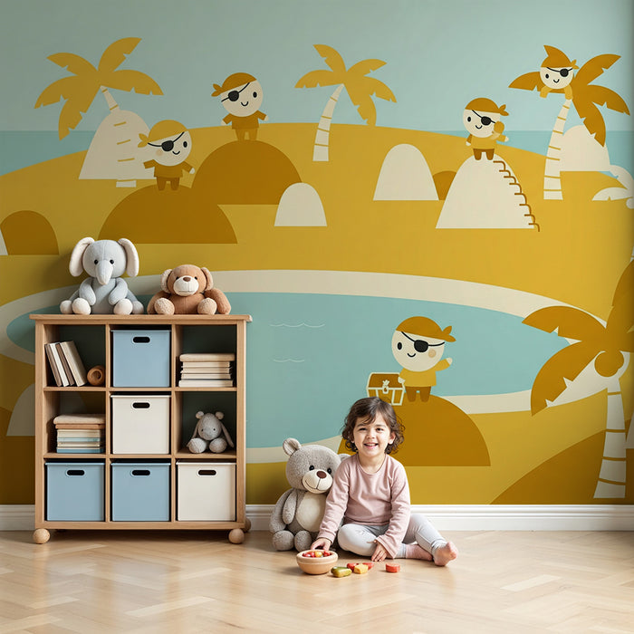 Kinderzimmer Tapete | Fröhliche Piraten auf einer sonnigen tropischen Insel