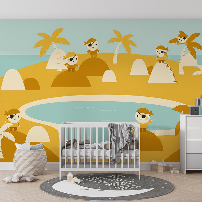 Kinderzimmer Tapete | Fröhliche Piraten auf einer sonnigen tropischen Insel