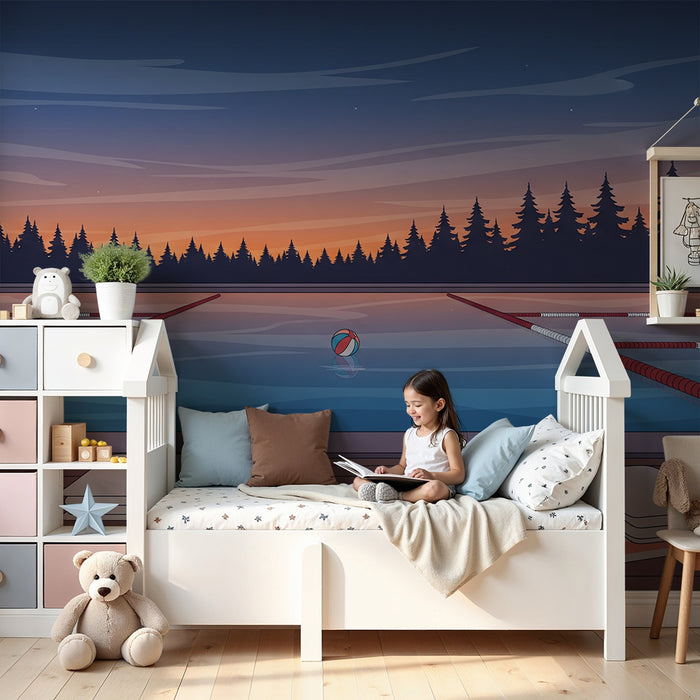 Kinderzimmer-Tapete | Sonnenuntergang am Pool mit Strandballons