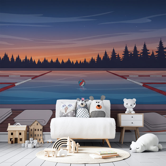 Kinderzimmer-Tapete | Sonnenuntergang am Pool mit Strandballons
