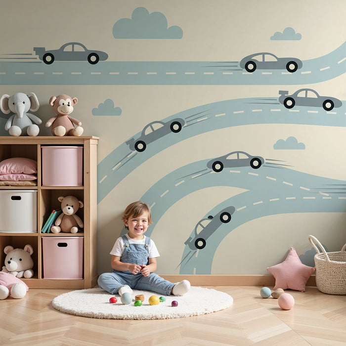 Papier peint chambre enfant | Piste de course animée avec voitures stylisées
