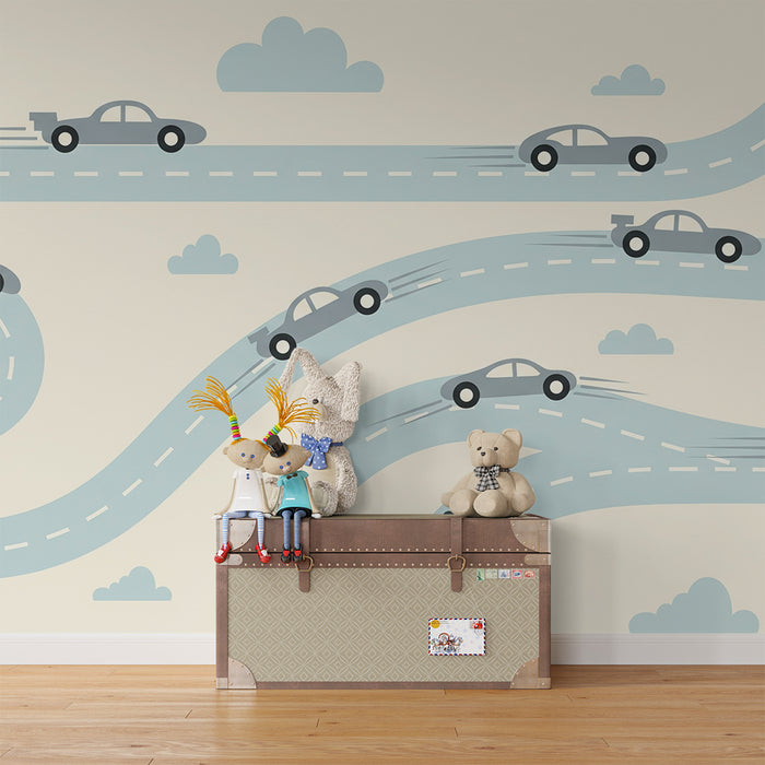 Papier peint chambre enfant | Piste de course animée avec voitures stylisées