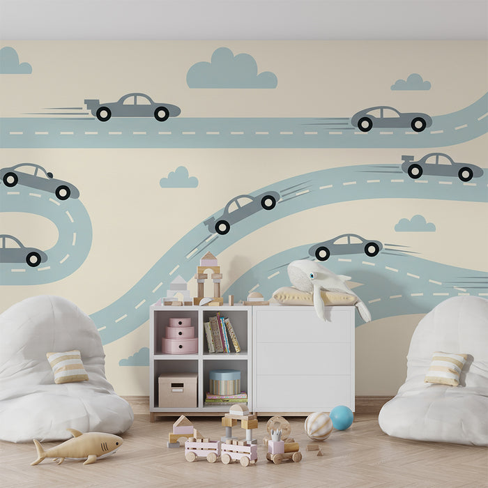 Papier peint chambre enfant | Piste de course animée avec voitures stylisées