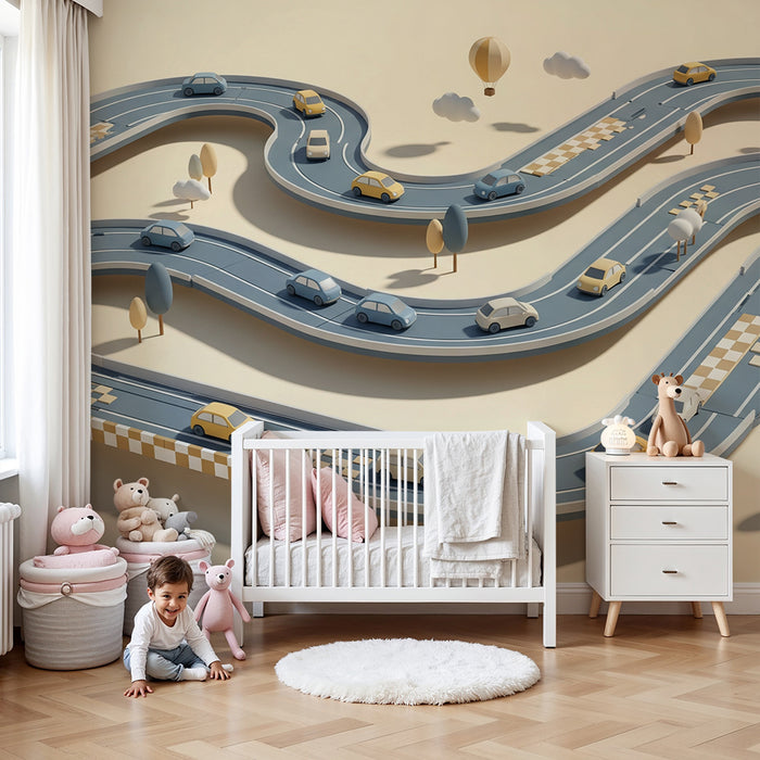 Papier peint chambre enfant | Piste de course colorée avec voitures et ballons