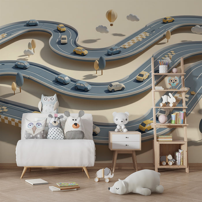 Papier peint chambre enfant | Piste de course colorée avec voitures et ballons
