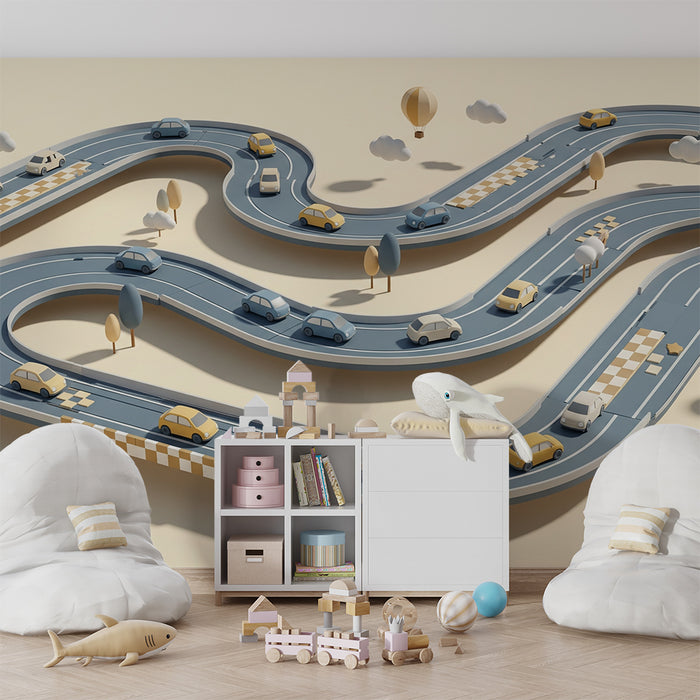 Papier peint chambre enfant | Piste de course colorée avec voitures et ballons