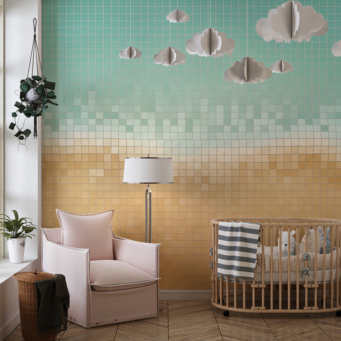 Barnrumstapet | Mosaikstrand med turkos himmel och gyllene sand