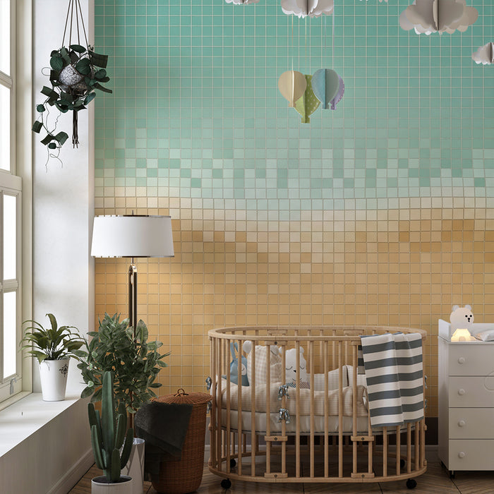 Barnrumstapet | Mosaikstrand med turkos himmel och gyllene sand
