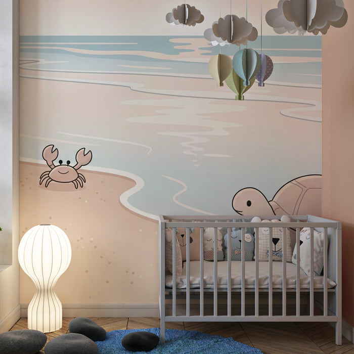 Tapet barnerom | Solfylt strand med krabbe og skilpadde