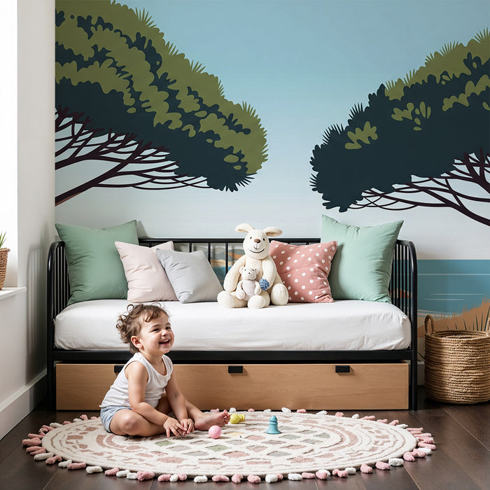 Papier peint chambre enfant | Plage ensoleillée avec palmiers et mer turquoise
