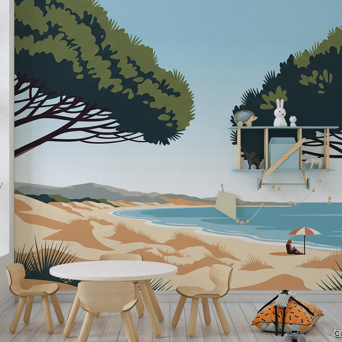 Papier peint chambre enfant | Plage ensoleillée avec palmiers et mer turquoise