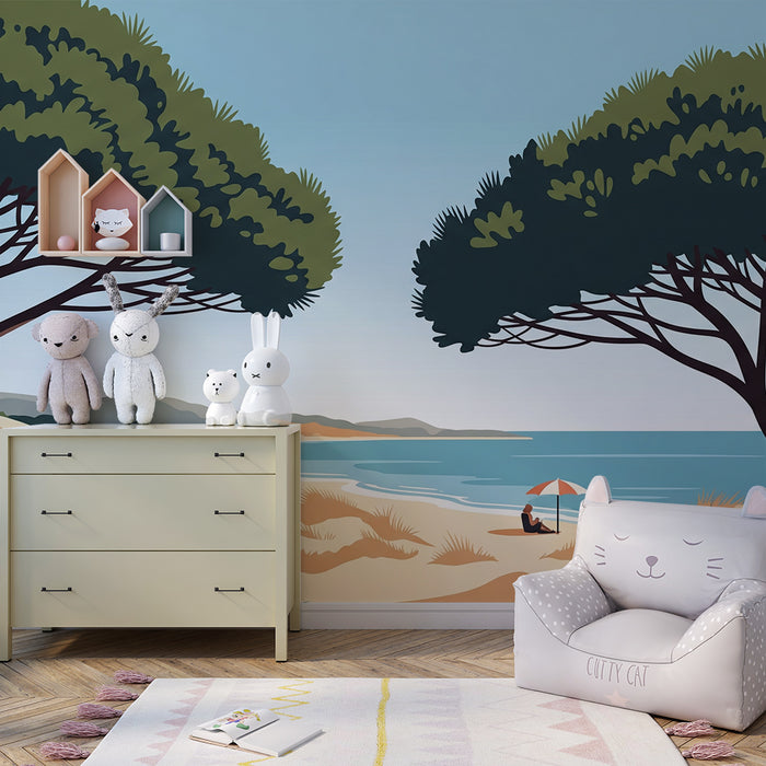 Papier peint chambre enfant | Plage ensoleillée avec palmiers et mer turquoise