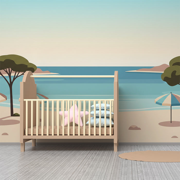 Børneværelses tapet | Solrig strand med parasoller og turkisblåt hav