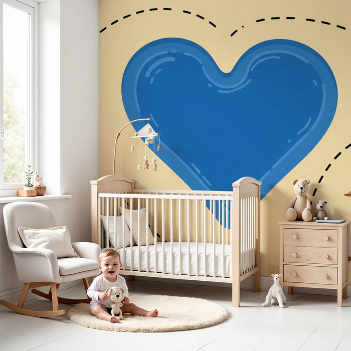 Papel pintado infantil | Playa soleada con corazón azul y conchas de colores