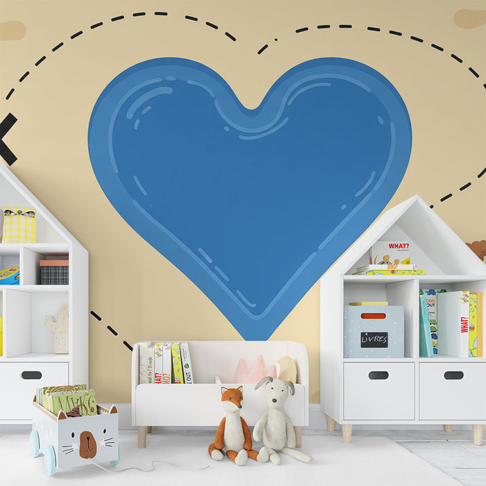 Papel pintado infantil | Playa soleada con corazón azul y conchas de colores