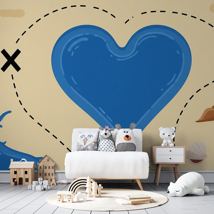 Papel pintado infantil | Playa soleada con corazón azul y conchas de colores