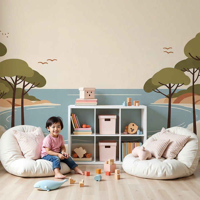 Papier peint chambre enfant | Plage paisible avec arbres au bord de la mer turquoise
