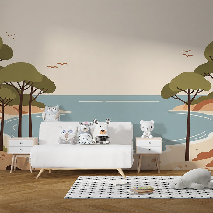 Papier peint chambre enfant | Plage paisible avec arbres au bord de la mer turquoise