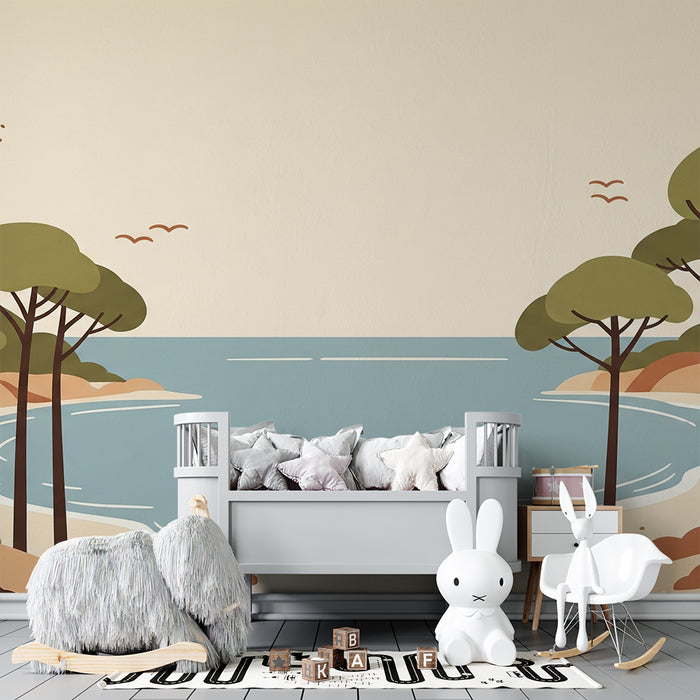 Papier peint chambre enfant | Plage paisible avec arbres au bord de la mer turquoise